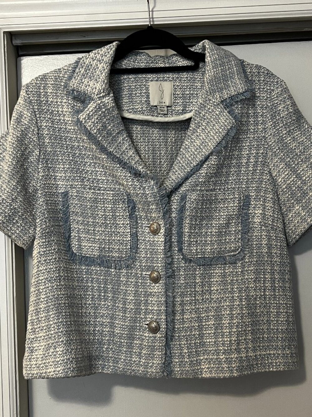 Joie Blue & White Tweed Short Sleeve Cropped Jacket – M